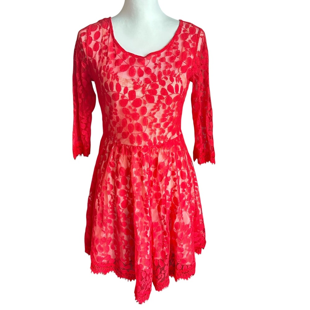 Free People Dress Women's 2 Red Lace Dress Floral Fit Flare 3/4 Sleeve Party